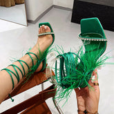 Fluffy Feather Rhinestone Lace Up Clear Heels